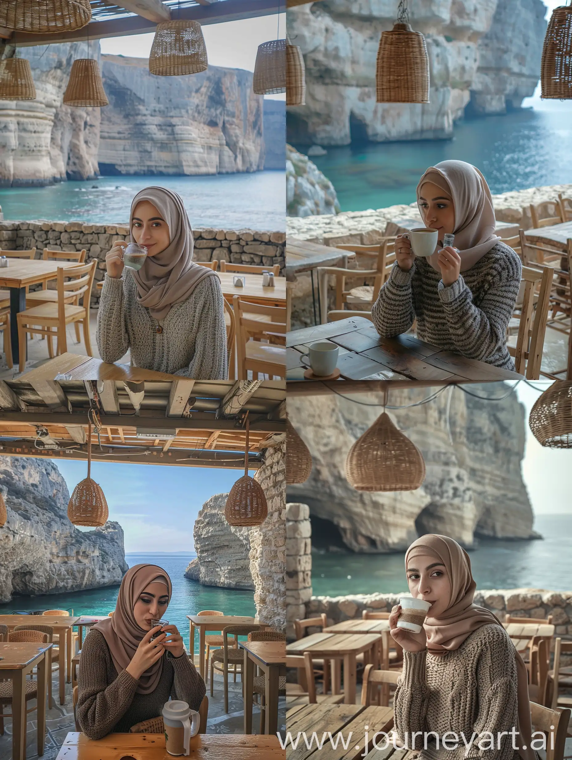 HijabWearing-Woman-Enjoying-Coffee-with-Sea-View-in-Crete-Cafe