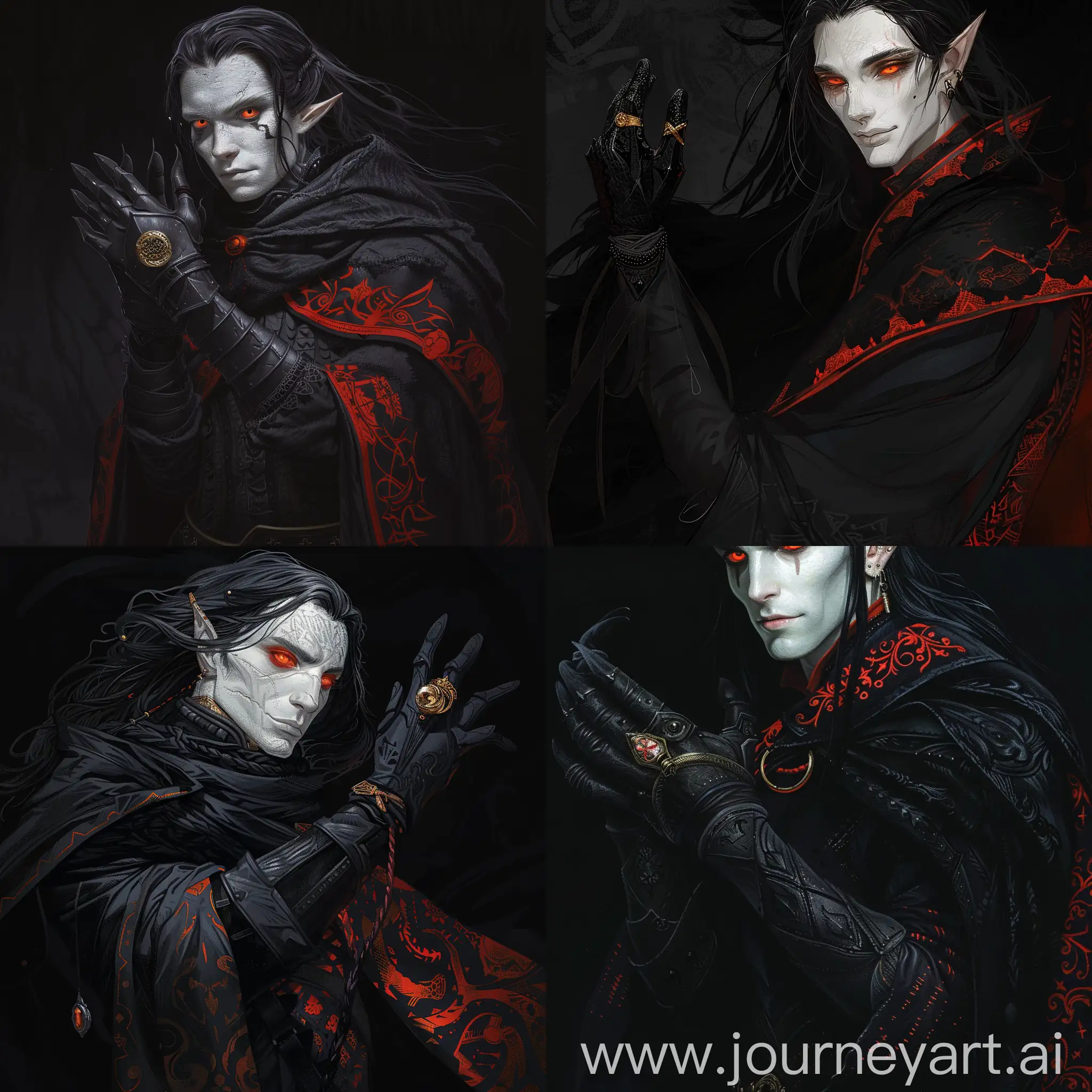 dnd white pale skin with orange eyes,long black hair,black cape with black clothes and red patterns on his clothes,wearing a black glove with a golden ring on glove.background is dark black night.