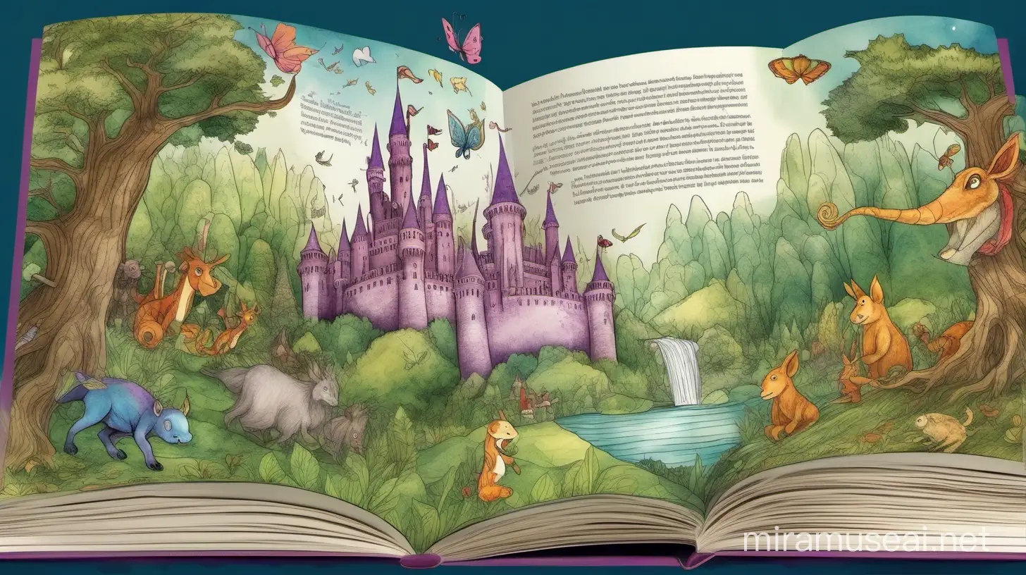 Generate an open book layout for a children's storybook, with colorful bleed art pages depicting whimsical scenes of a magical kingdom, featuring towering castles, mystical forests, and friendly creatures, interspersed with engaging text that sparks the imagination and invites readers on an unforgettable journey, Artwork, digital illustrations with hand-drawn details