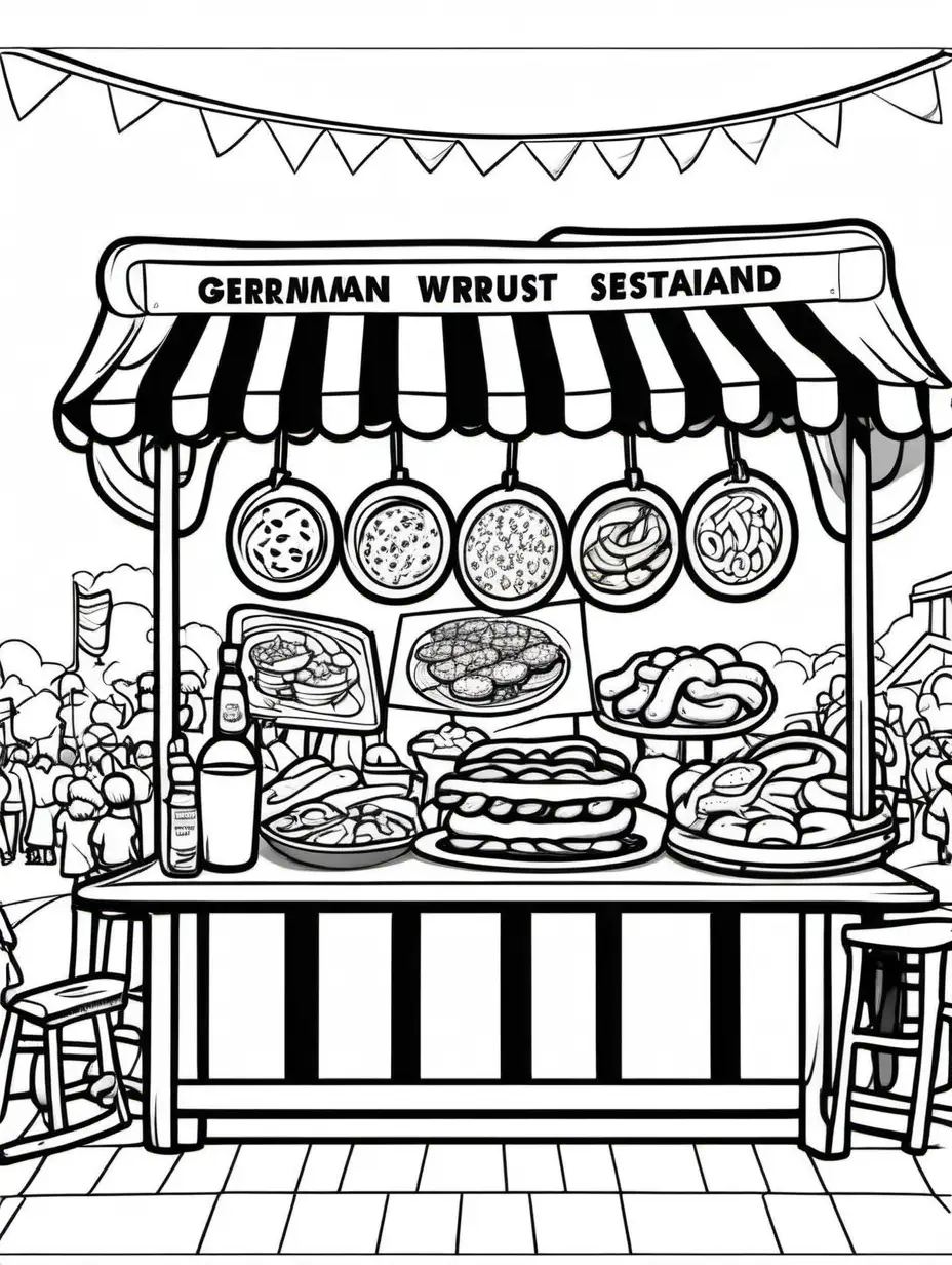 Create a black and white coloring page, black outlines, no color, no shading and no grayscale of a german bratwurst stand at a festival



