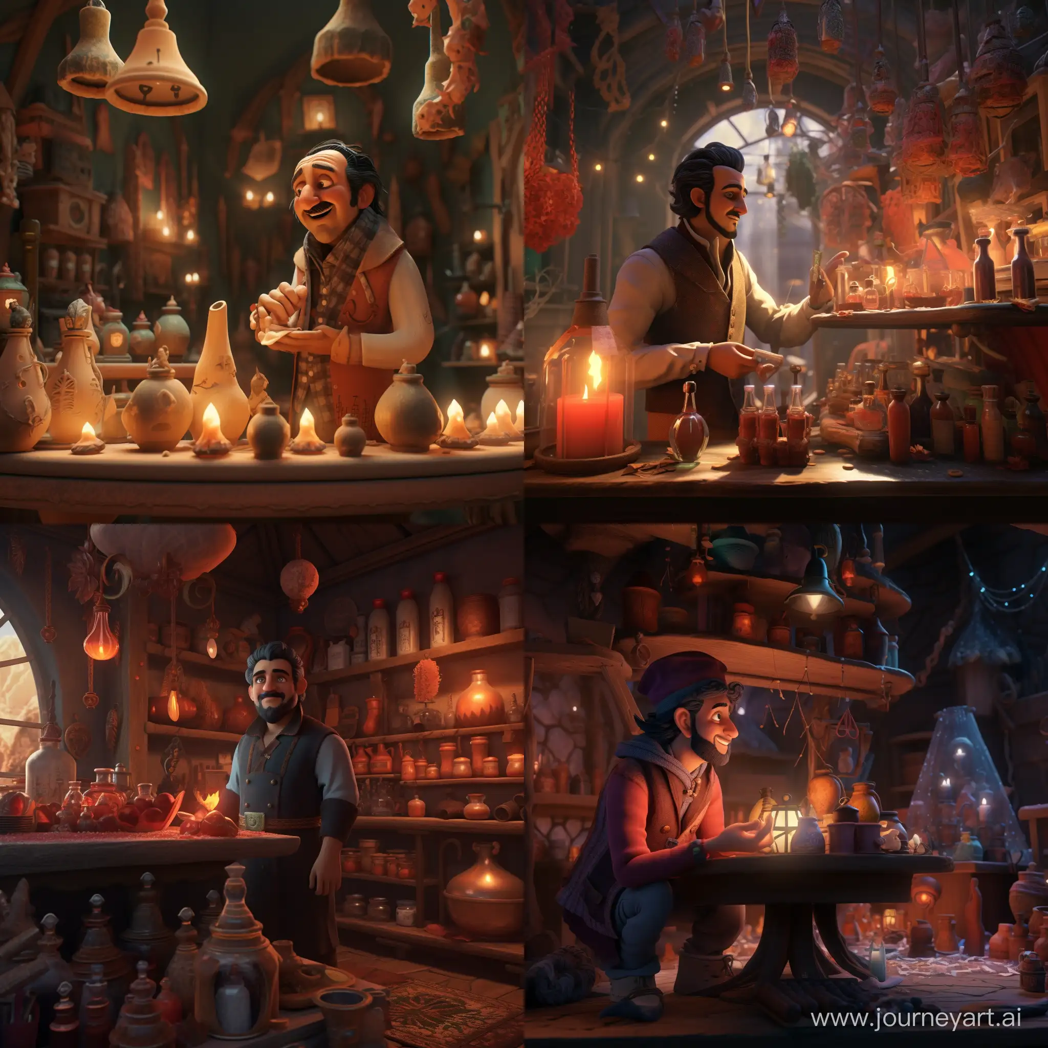 A magician sells a potion in a magic shop. 3D animation 