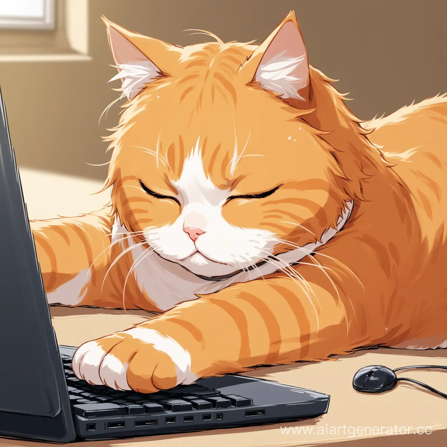 Tired-Ginger-Cat-Playing-at-the-Computer