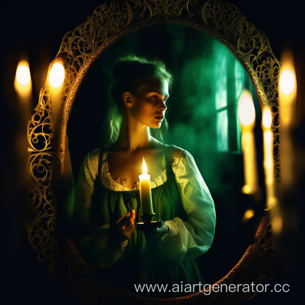 19th-Century-Russian-Ghostly-Reflection-Young-Woman-in-Peasant-Sarafan-and-Candlelit-Darkness