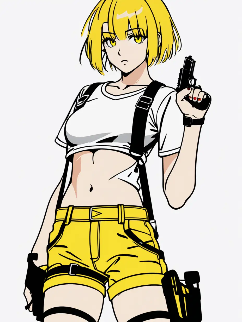 anime adult girl hero short white tshirt sexy midriff wearing suspenders short yellow hair white background posterized halftone yellow black white 3 color minimal design black boots holding handgun