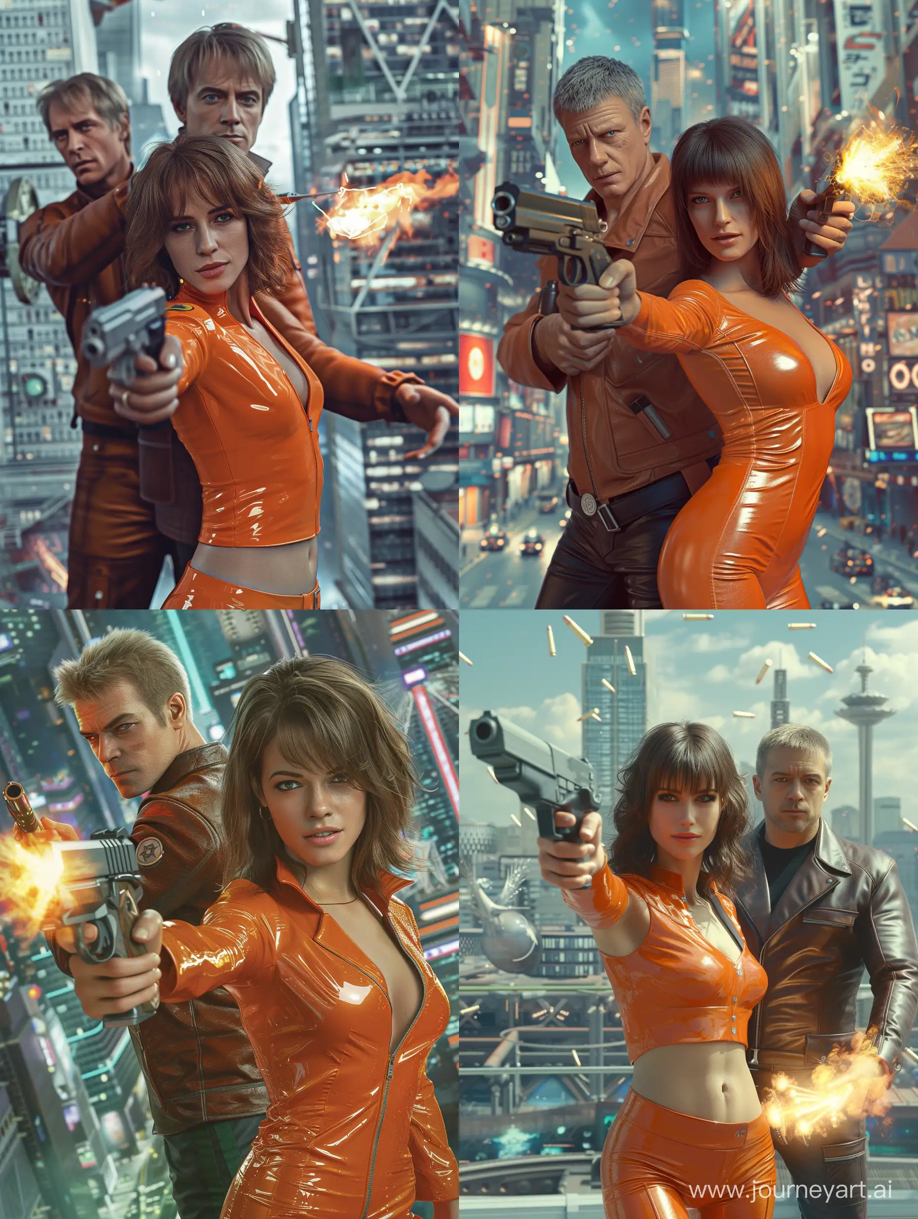 A man and a woman against the background of the city of the future, (in the foreground, a beautiful real brunette holds and points a gun of the future at the viewer, disheveled shoulder-length hair, orange tight-fitting PVC jumpsuit, a happy skinny body, a flat stomach, a beautiful girl who looks like the French actress Sophie Marceau at the peak of her career to the extent of mixing in anime style-waifu) (A blond male magician who looks like a James Bond agent, played by Sean Conory, in a leather suit and with short hair, stands facing us, a man behind a woman with a fireball in his hand), an over-detailed photo, luminescence, fractal isometry, bioluminescence of details, octane rendering, complex detail, image clarity