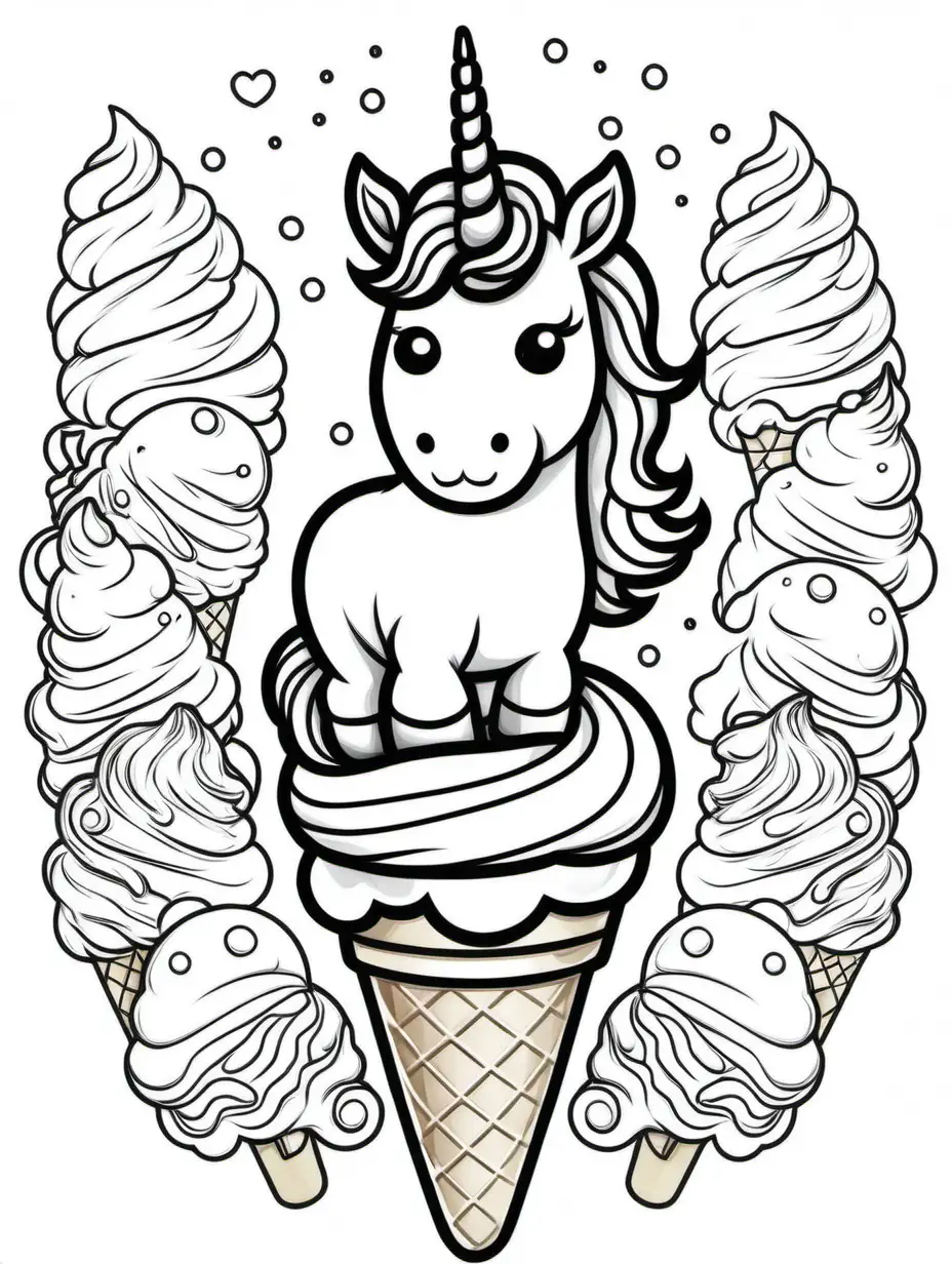Adorable Unicorn in Ice Cream Coloring Page for Kids