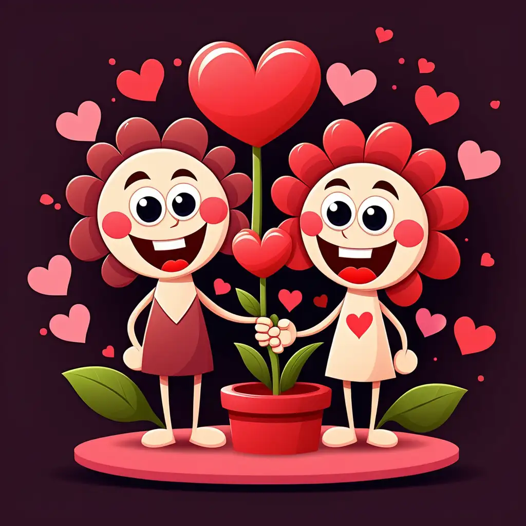 Cheerful Cartoon Flowers Expressing Valentines Day Love