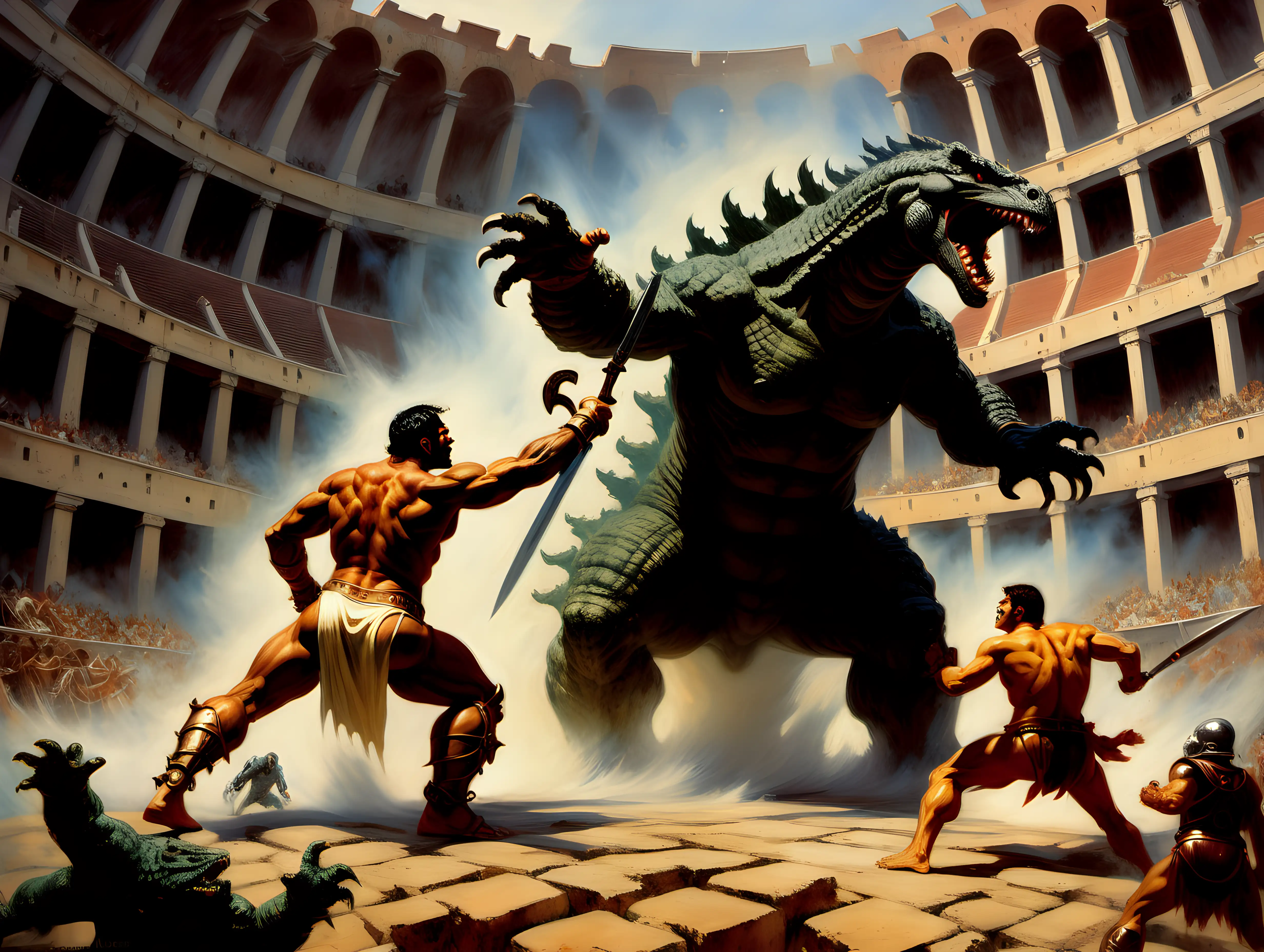 Gladiators fighting Godzilla in ancient Rome coliseum Frank Frazetta style