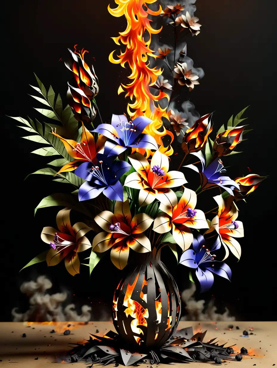 photo realistic.
 it's very hot. A lush bunch of exotic flowers, made of paper, some blossoms caught fire, already looking burned, turned into ash.