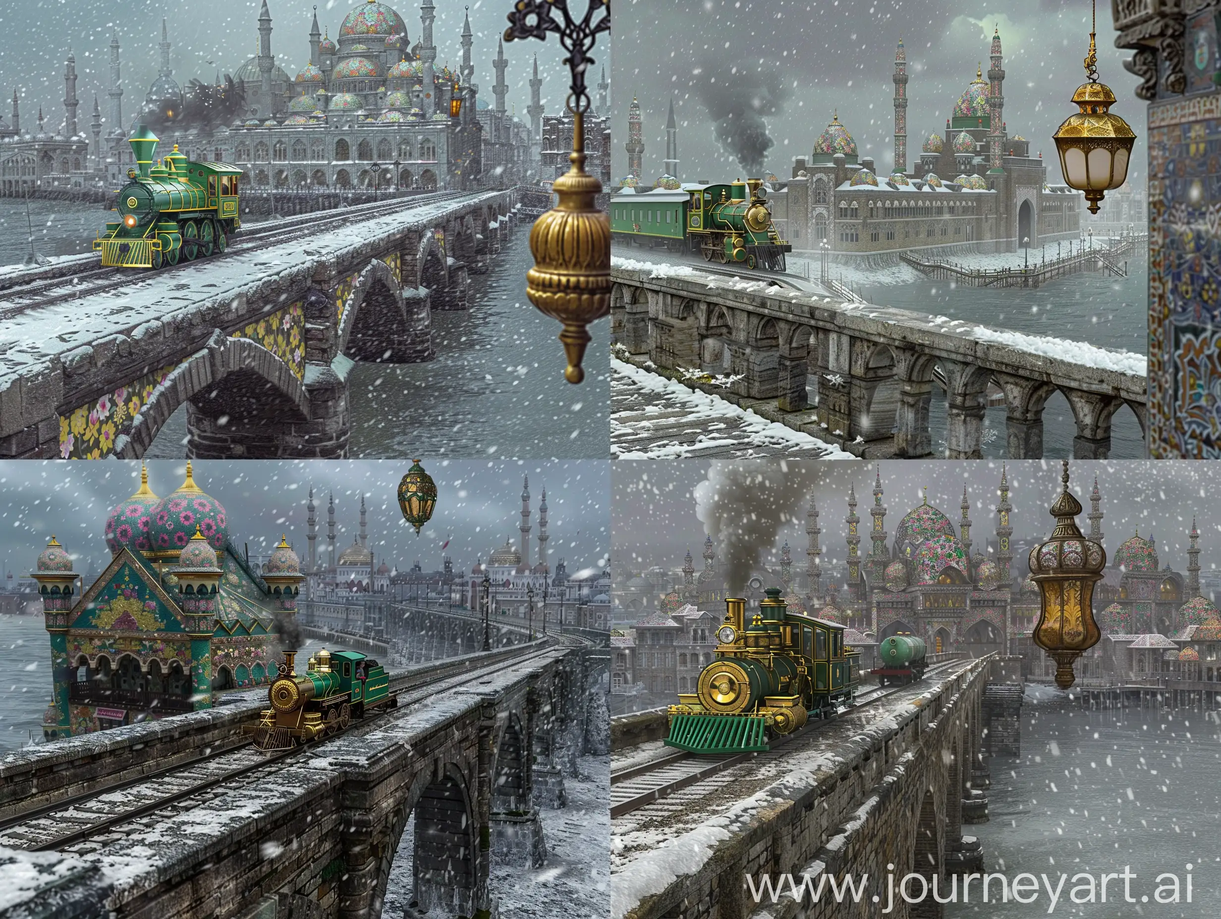 Cinematic photo: A stonebridge going towards into a seafront city, a green golden steam engine train moving on the bridge towards the middle of city, in the background is the wide seafront city of floral Persian tiled mosques and islamic buildings all having floral persian tile exterior and gold ornaments, dark grey dramatic weather, snowfall, a glorious islamic lamp hanging on side of the image; London styled --ar 4:3