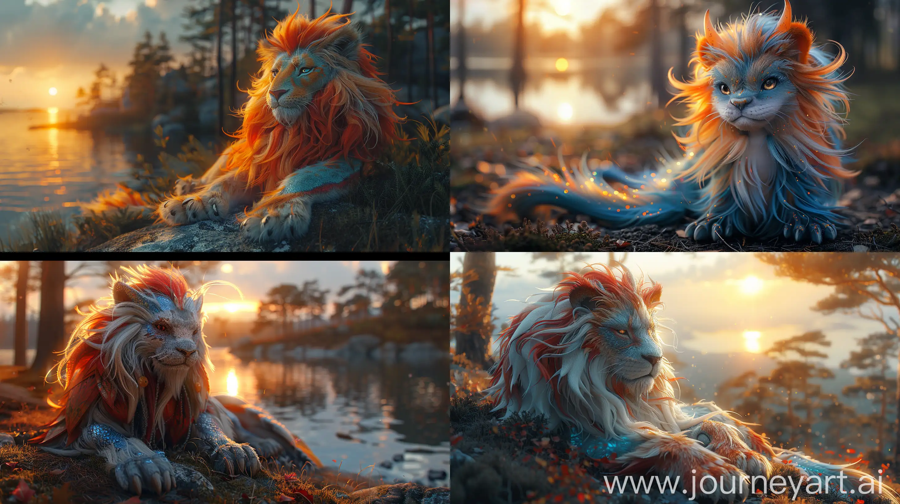 a cute fantasy dragon mixed with a lion, long fur, colorful, very detailed, looking at the camera, posing. In a enchanted forest, a big lake at the background at sunset  --ar 16:9 --s 1000