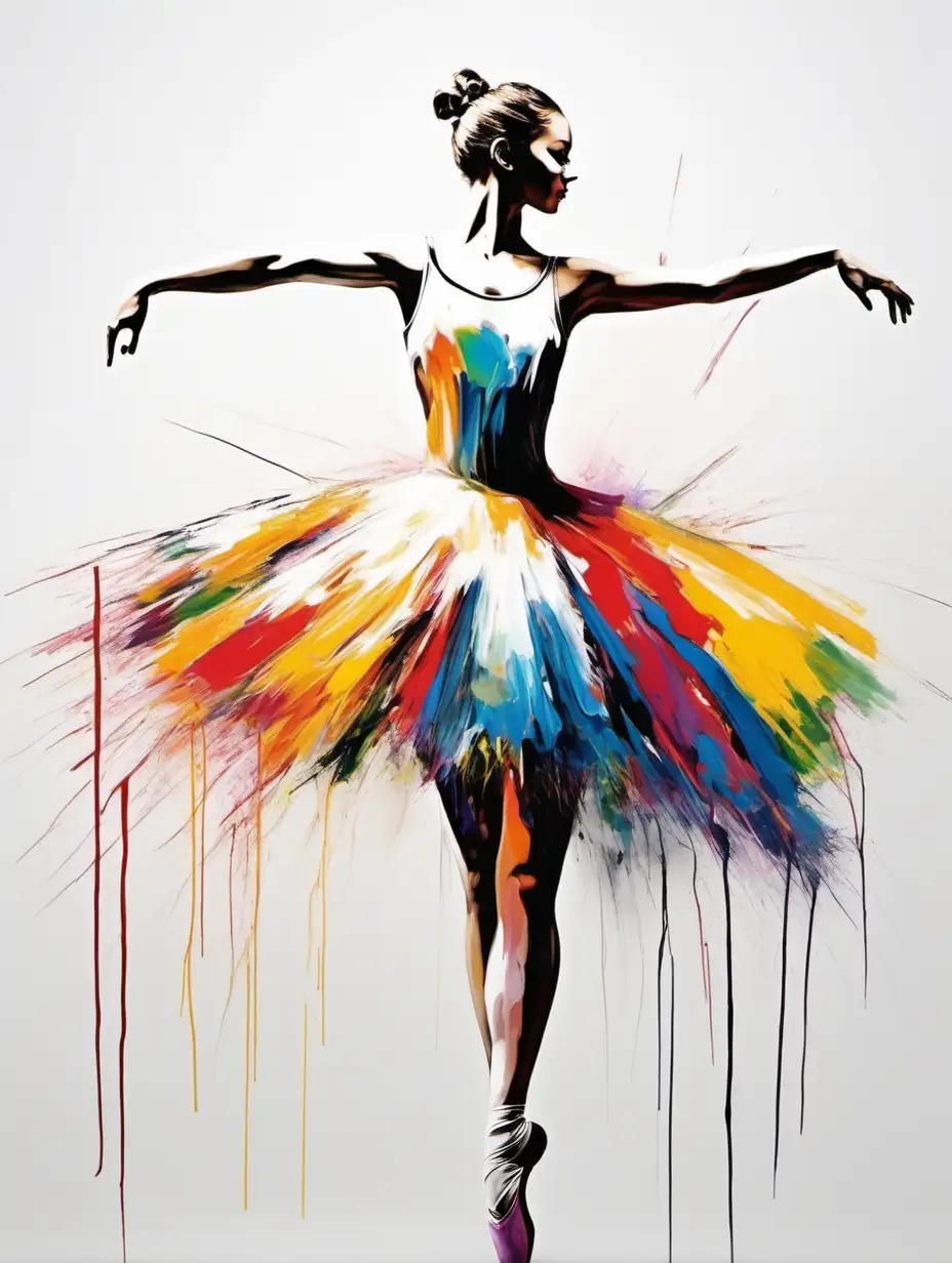  act as a modern abstact painter. abstract of a dressing ballerina using colorful wide brush. keep the bachground simple and white