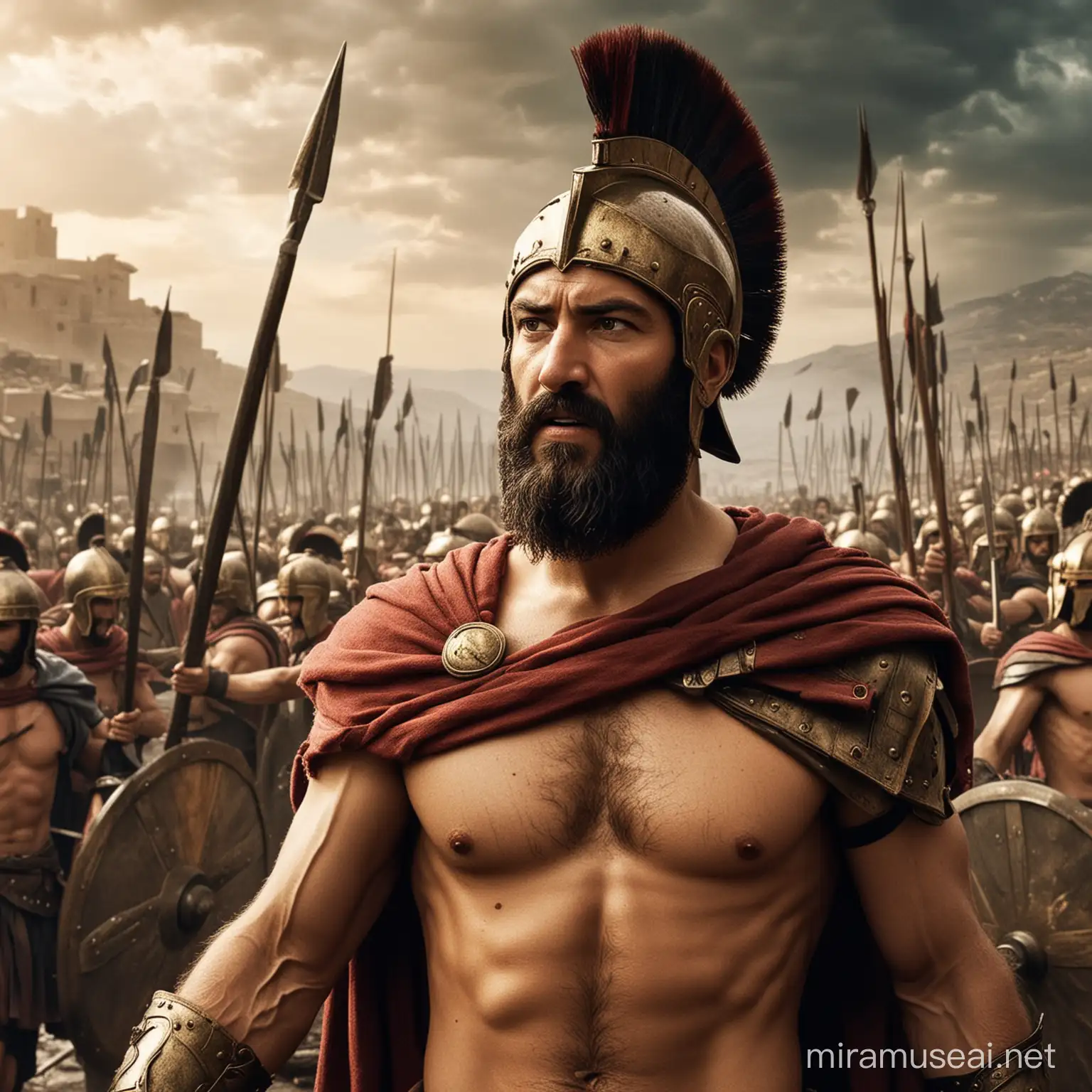 
King Leonidas who is the leader of Spartans leading his troops.
