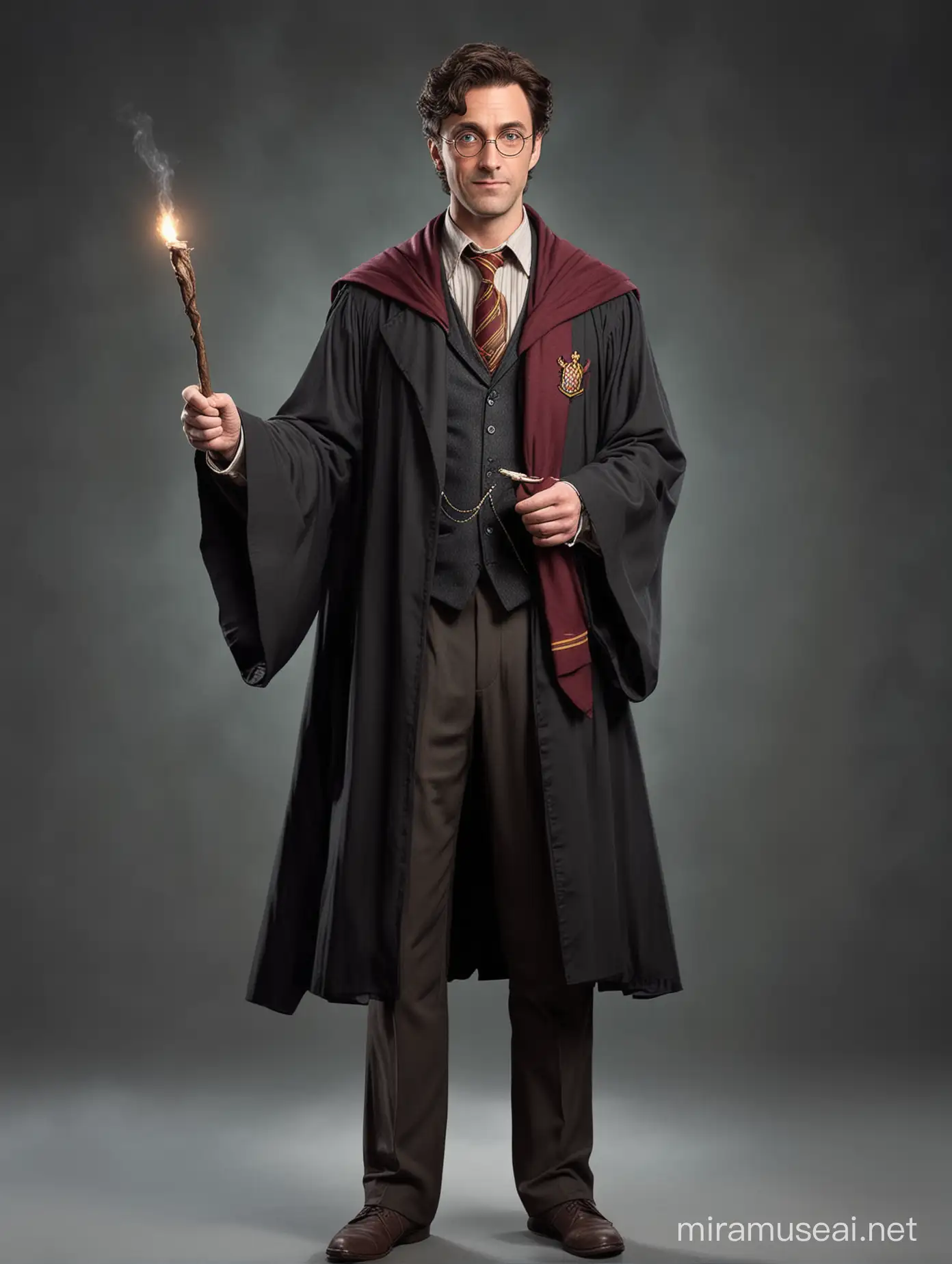 A completely original wizard character  in the Harry potter universe.  He will be a teacher at hogwarts. A male, approximately 40 years old. Somewhat quirky attire. Oddly Handsome. He is teaching  a class of 3rd year wizarding students of birth genders. 