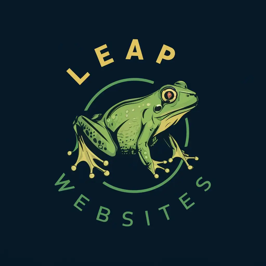 logo, Strong frog in a circle, with the text "Leap Websites", typography, be used in Technology industry