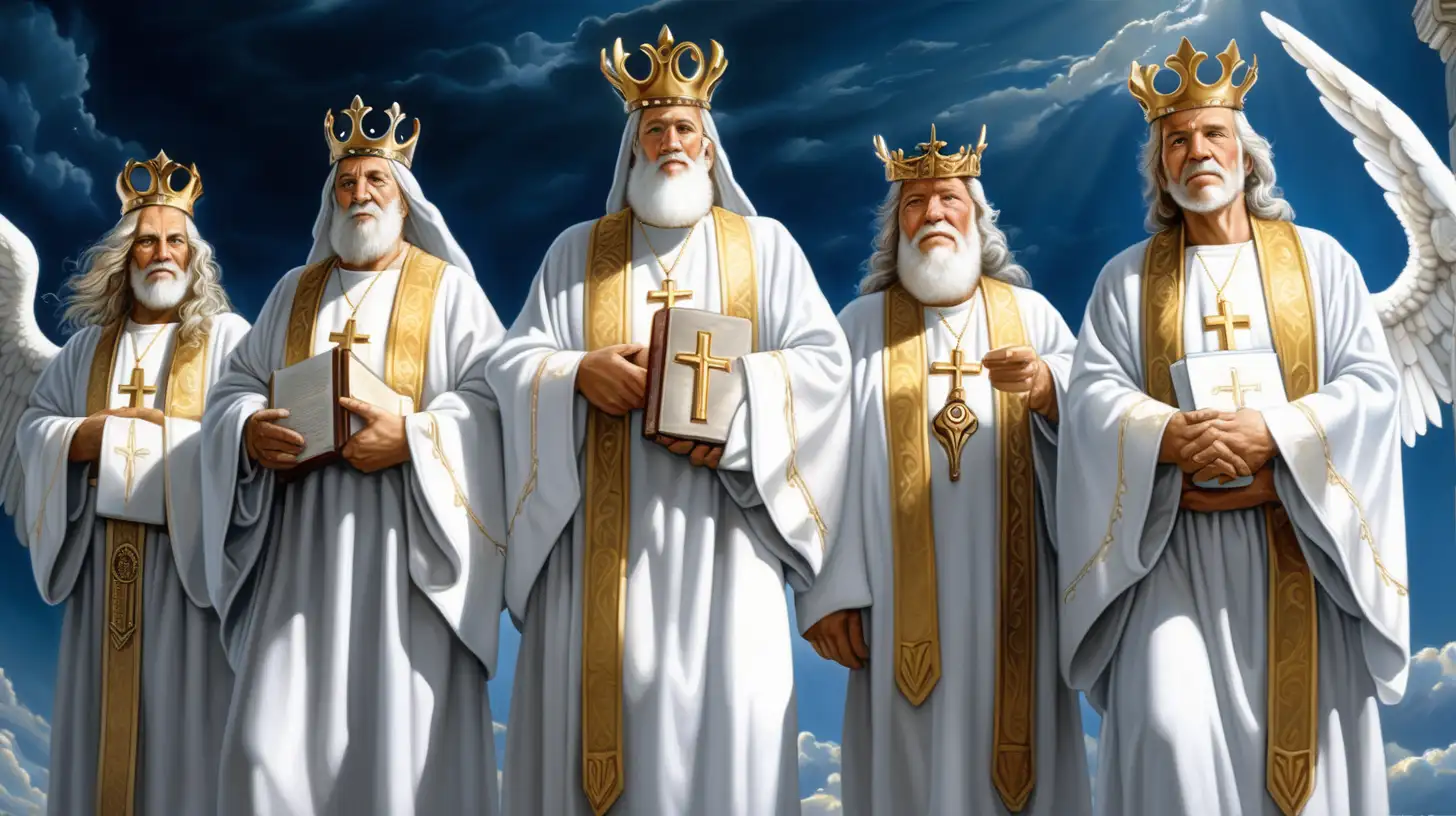 Elders wearing white could symbolize purity or righteousness, which fits more with humans who have been made righteous through Christ, not angels. Plus, they wear golden crowns, and there's no mention of angels ever getting crowns in the Bible., not angels, Biblical History, dark blue cloud background, biblical history