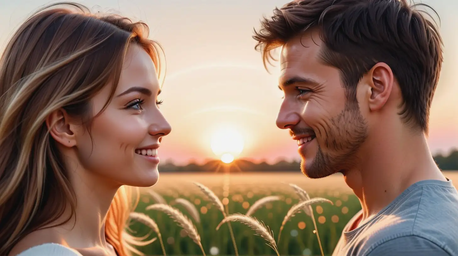 realistic image of man and woman face to face, looking into each other's eyes, smiling, show only faces, light particles everywhere, setting: sunset in a field 