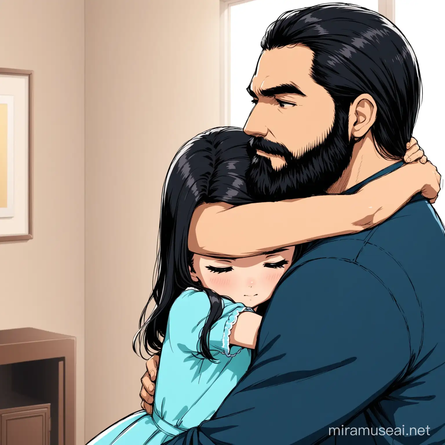 Erman (bearded, cool, black hair (slight whiteness in his hair), a strong father) hugs Esma (a young girl with her hair covered so that it does not appear, a sweet girl with a blue dress) in the living room.
