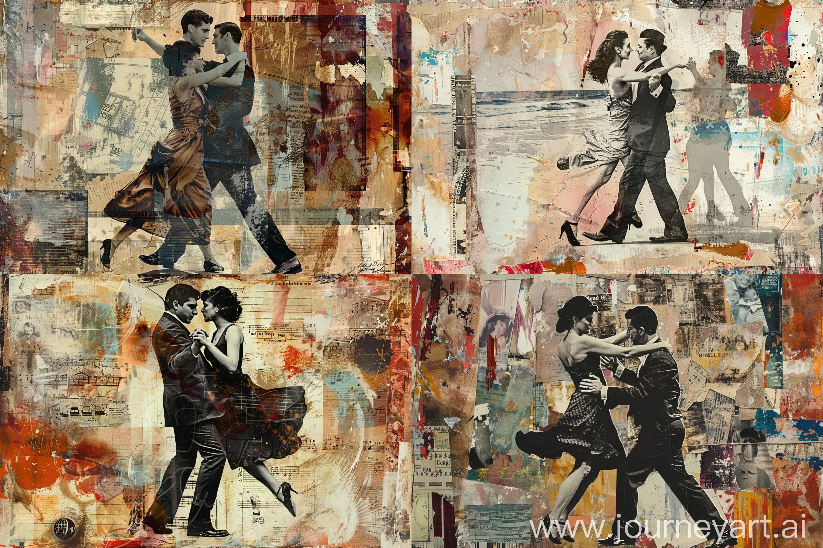 A collage-style composition of a  couple dancing tango, combining various textures and elements.--v 5.2 --q 2 --ar 3:2