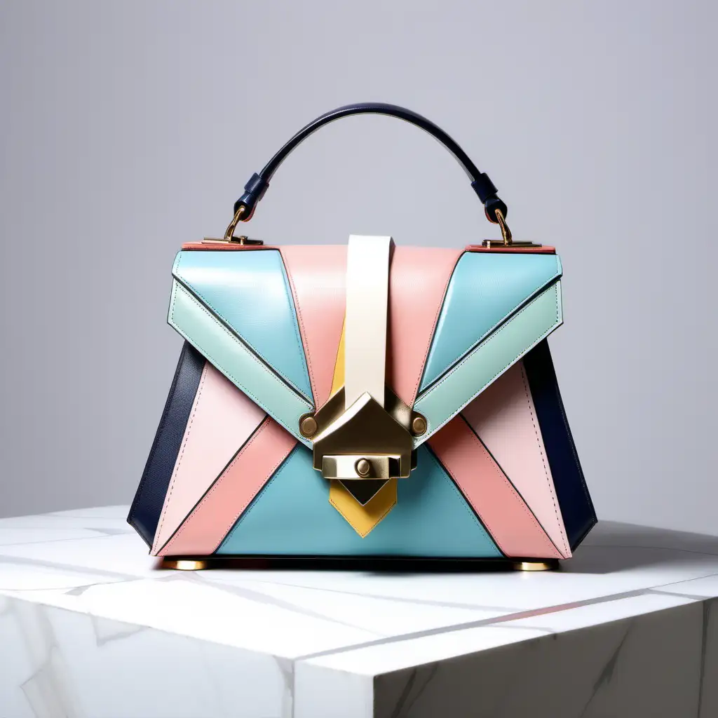Art deco motif inspired luxury small leather bag - frontal view one handle - innovative shape -flap and metal buckle - geometric inserts color block - pastel shades - luxury stile