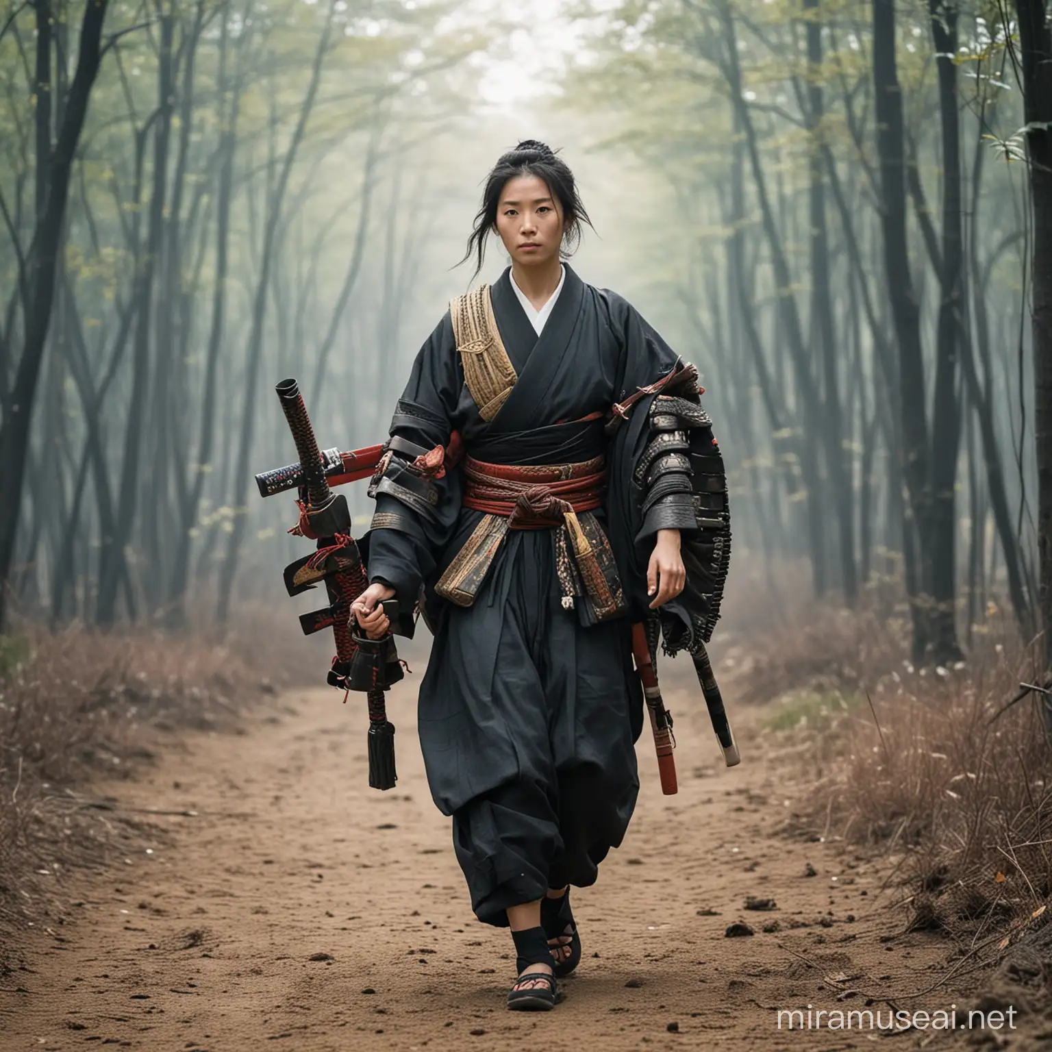 Woman Carrying Samurai Warrior in Traditional Japanese Setting