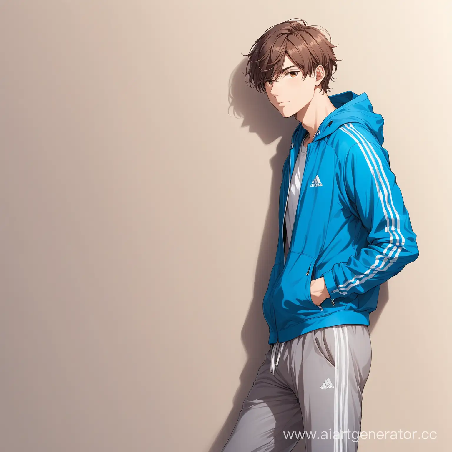 Confident-Young-Man-Leaning-Against-Gray-Wall-in-Blue-Sports-Jacket