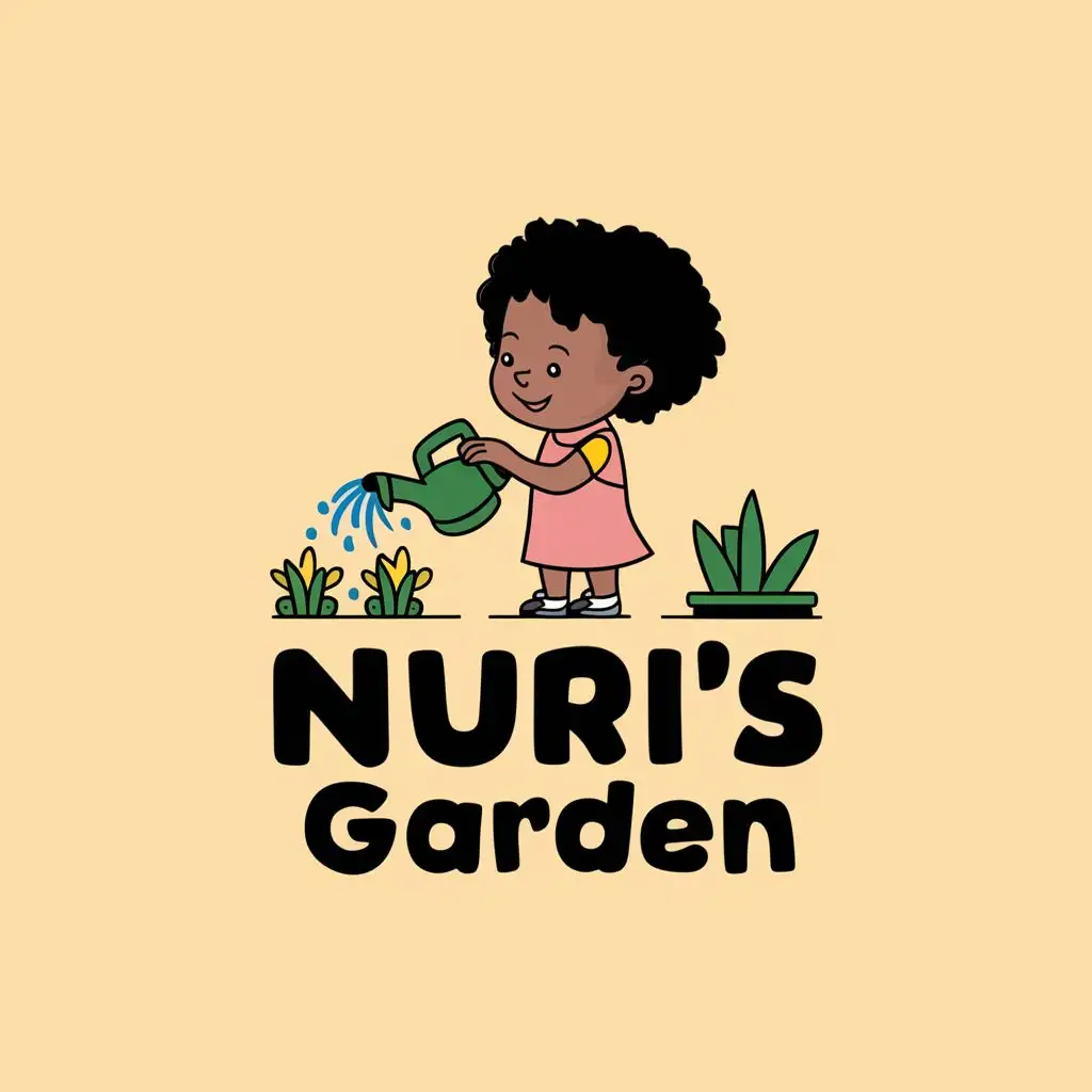 LOGO-Design-For-Nuris-Garden-Whimsical-Illustration-of-a-Little-Black-Girl-Watering-Her-Garden-with-Playful-Typography