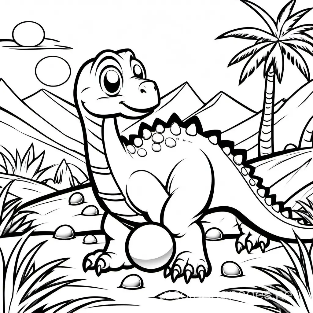 dinosaur with an egg, Coloring Page, black and white, line art, white background, Simplicity, Ample White Space. The background of the coloring page is plain white to make it easy for young children to color within the lines. The outlines of all the subjects are easy to distinguish, making it simple for kids to color without too much difficulty