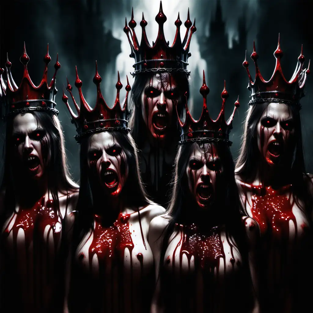 create an evil image of 5 demonic crowns dripping in blood in hell
