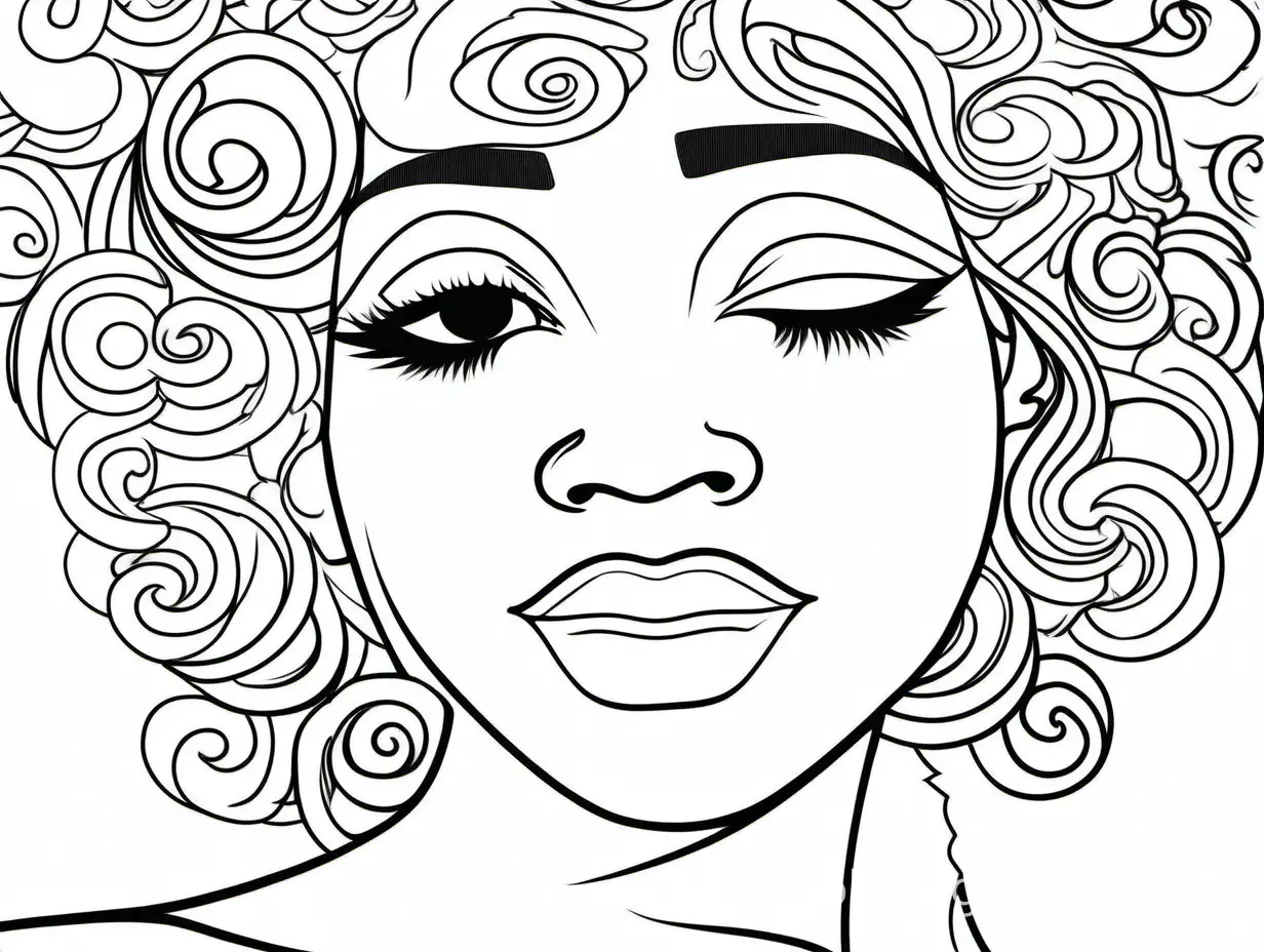 Pretty black women close eyes face, Coloring Page, black and white, line art, white background, Simplicity, Ample White Space. The background of the coloring page is plain white to make it easy for young children to color within the lines. The outlines of all the subjects are easy to distinguish, making it simple for kids to color without too much difficulty