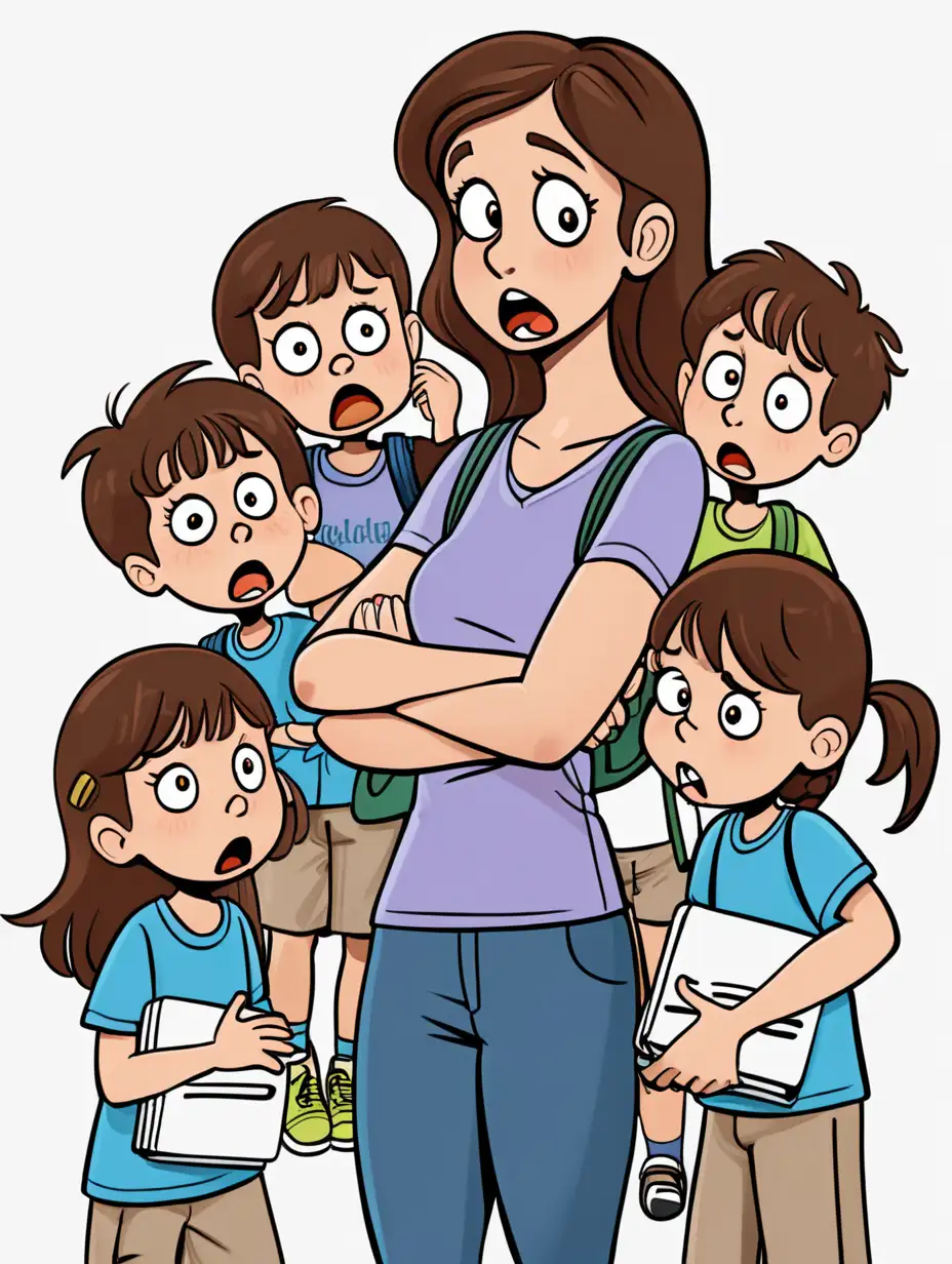 Anxious Mom with School Age Kids Cartoon Adorable Family Scene