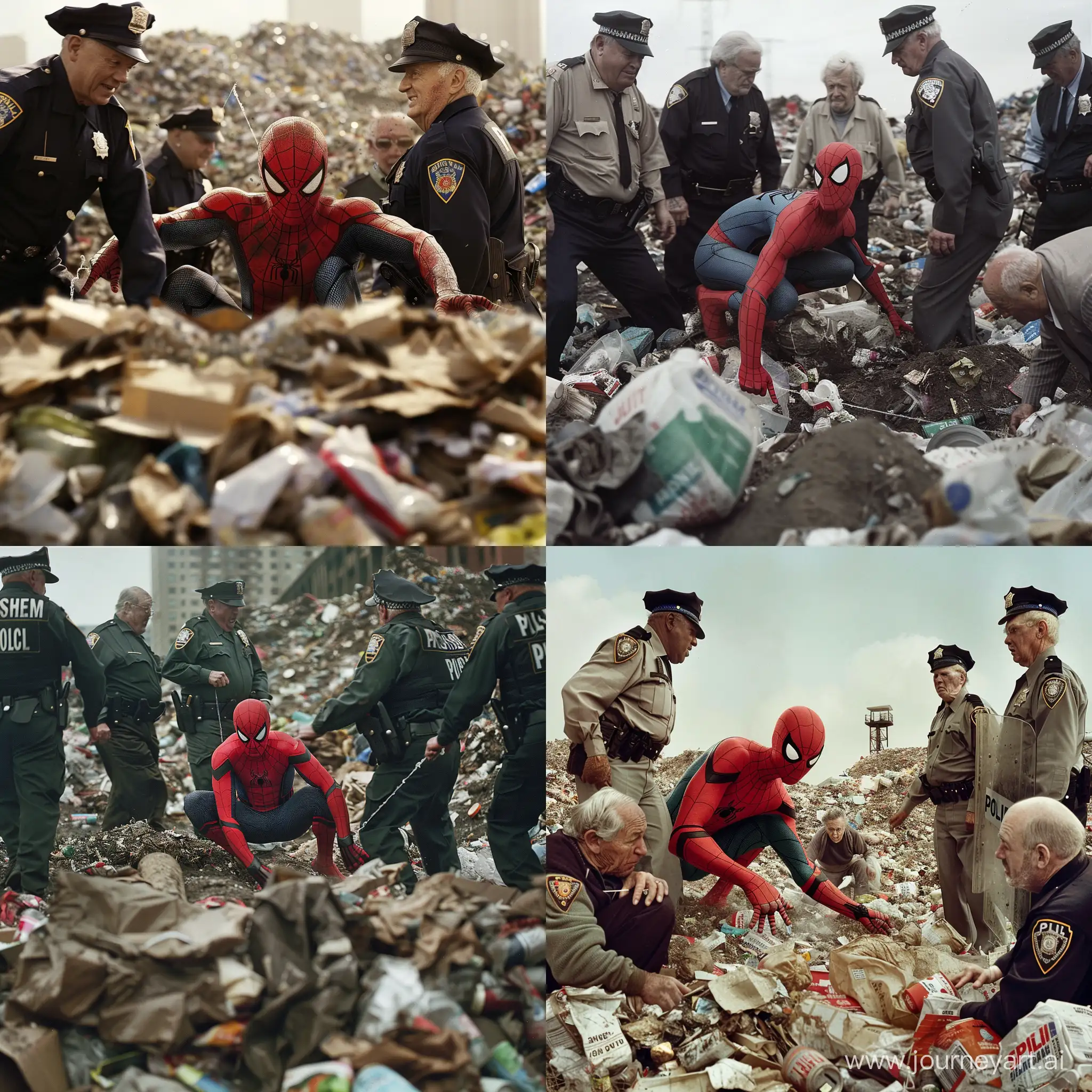 Spiderman being dragged through garbage at a landfill by elderly policemen