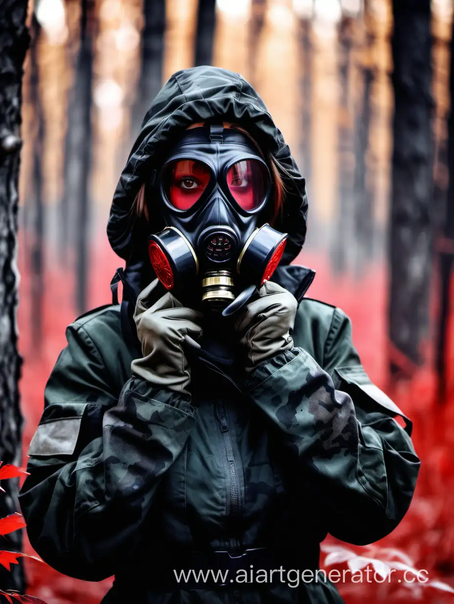 Mysterious-Girl-in-Black-Camouflage-Military-Attire-with-RedLensed-Gas-Mask-in-Autumn-Forest