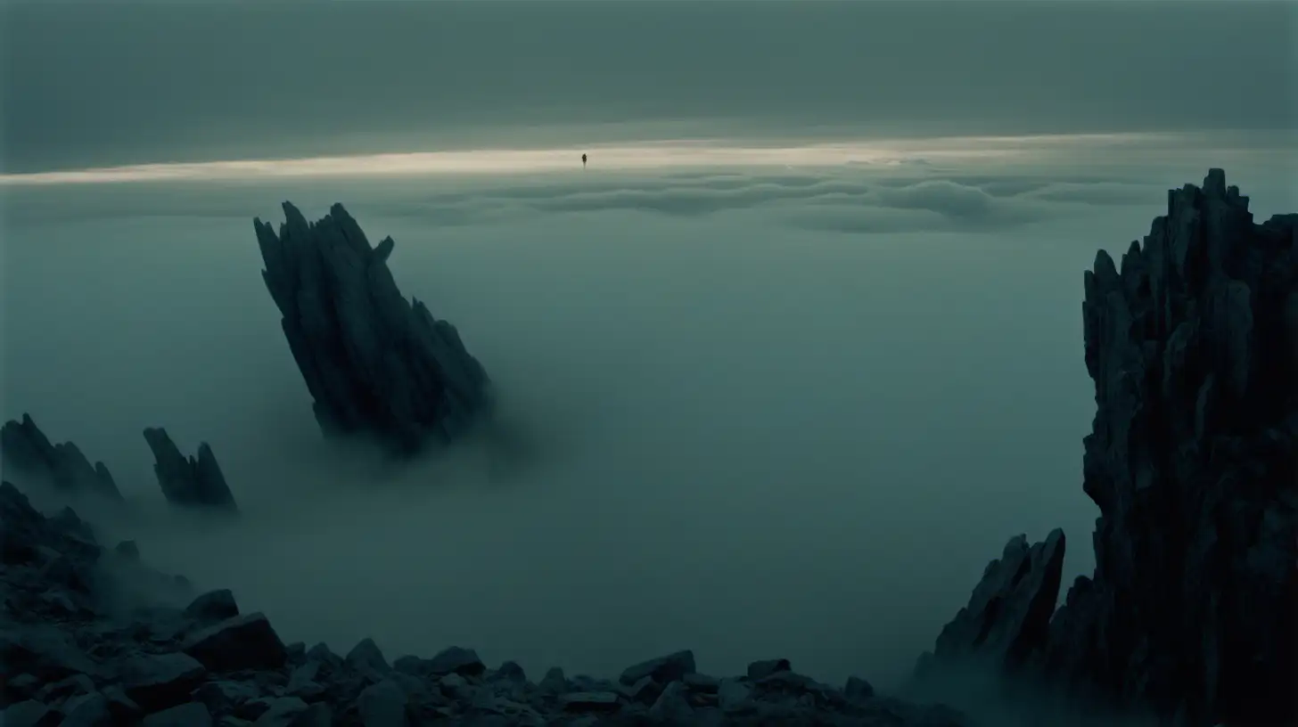 Otherworldly Cinematography Dystopian Realism with Misty Skies and Flying Rocks