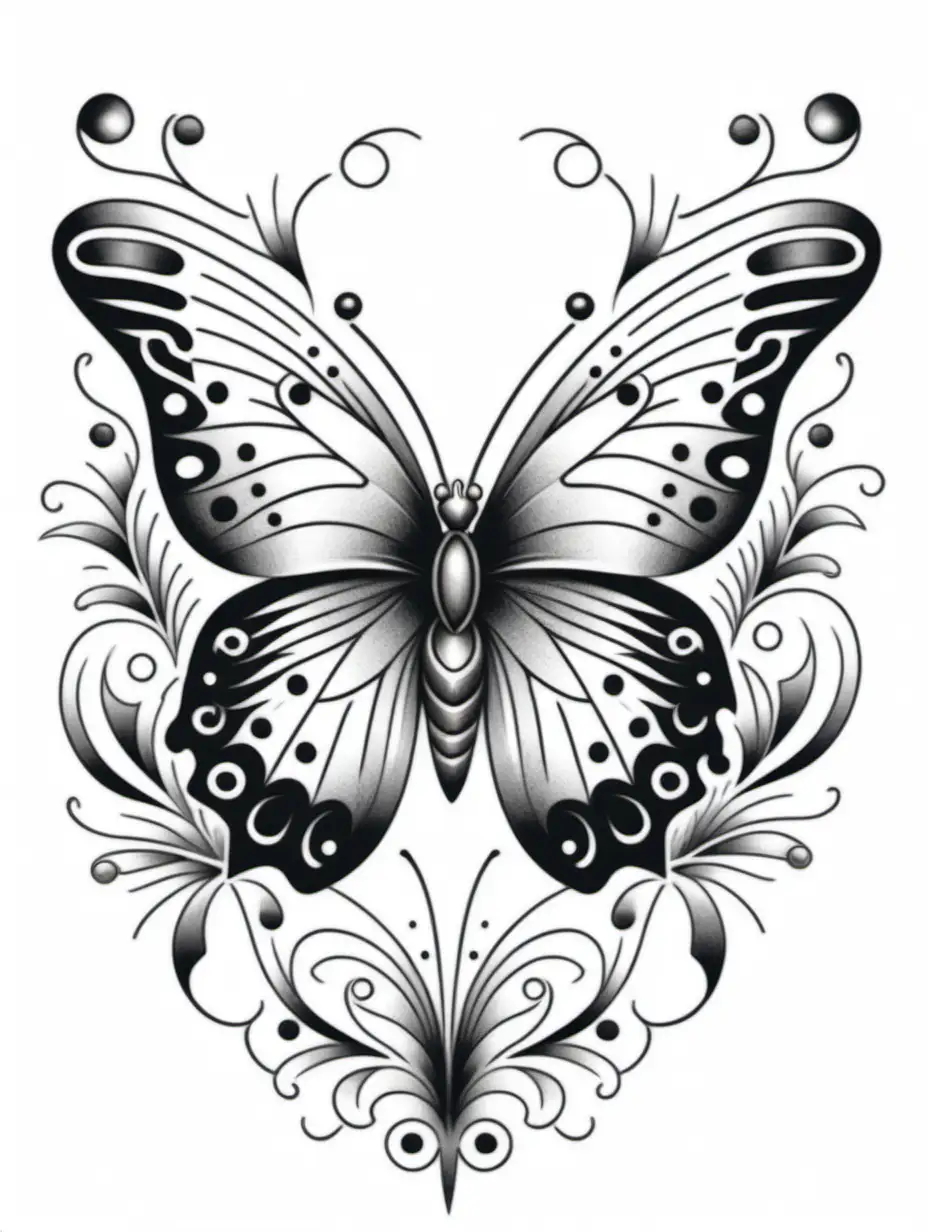 a modern black and white butterfly tattoo for a coloring book