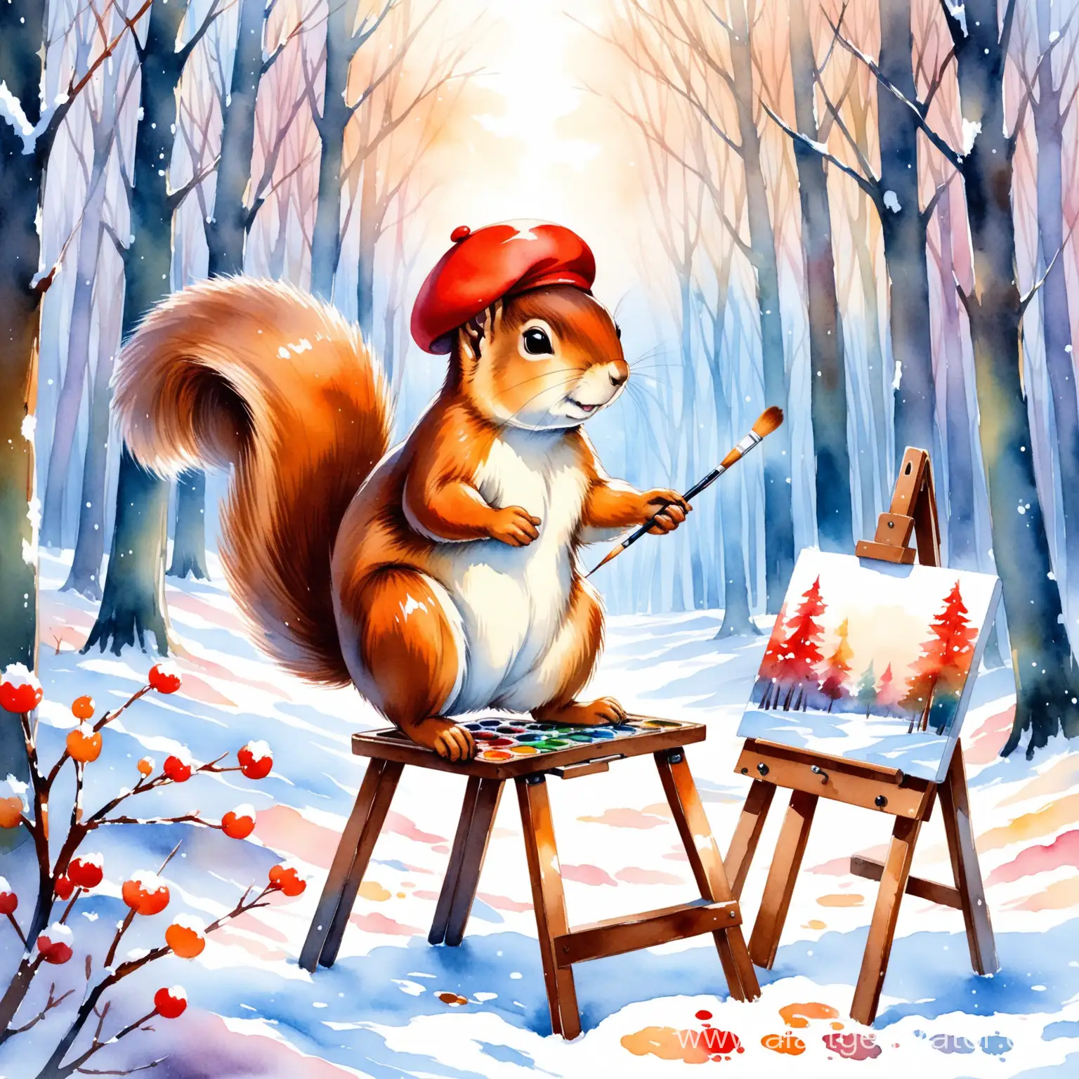 Charming-Squirrel-Artist-Painting-Winter-Forest-Watercolor