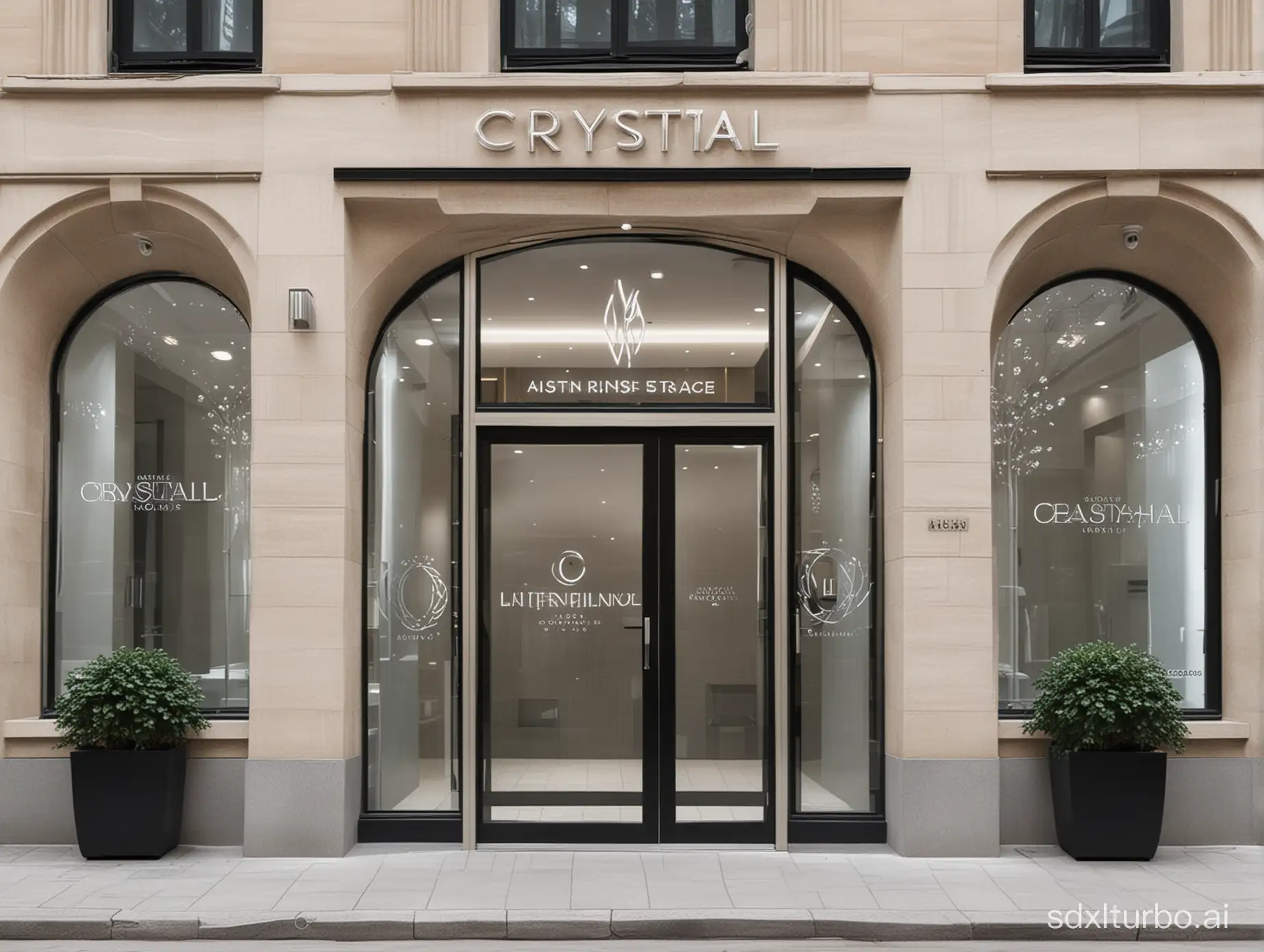 A modern high-end beauty institution logo, named Crystal International Aesthetic Center, is required to design a beauty institution sign to express international fashion, high-end sense, advanced technology, giving everyone a sense of beauty, simple and atmospheric, on the facade of a high-end beauty salon,
