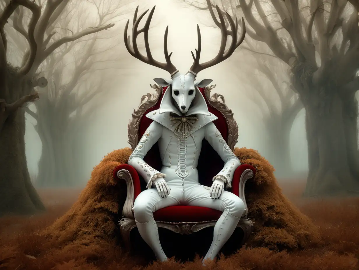 A man in a deer costume sits in the bushes at the edges of the deer head frame Phantoms with a hint of colour, in the style of demonic photograph, post processing, silence, detailed costumes, monochromatic minimalist portraits, ghostly presence, traditional costumes, Magical, mystical award winning photograph, in the style of Remedios Varo, R. H. Giger and Ray Caesar ::3 , digital painting ::-0.3 Barbouillage, Shot on 17. 5mm, 85mm Lens, DSLR, F/ 22, ND - Filter, ultra quality, highly detailed, unreal engine, volumetric lighting, ominous, dramatic, horror background, octane render. ::1 , —ar 16:9