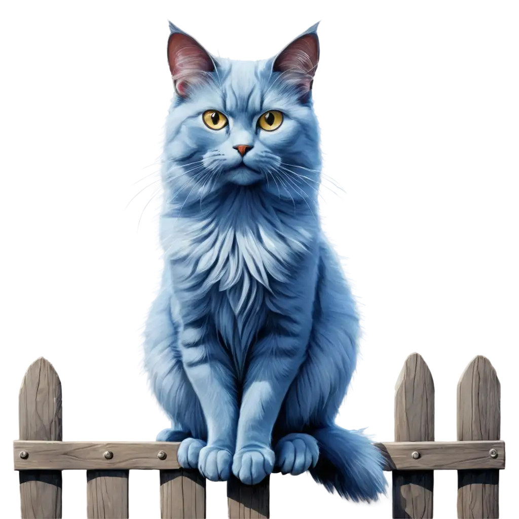 blue cat sitting on the fence, fluffy. digital painting