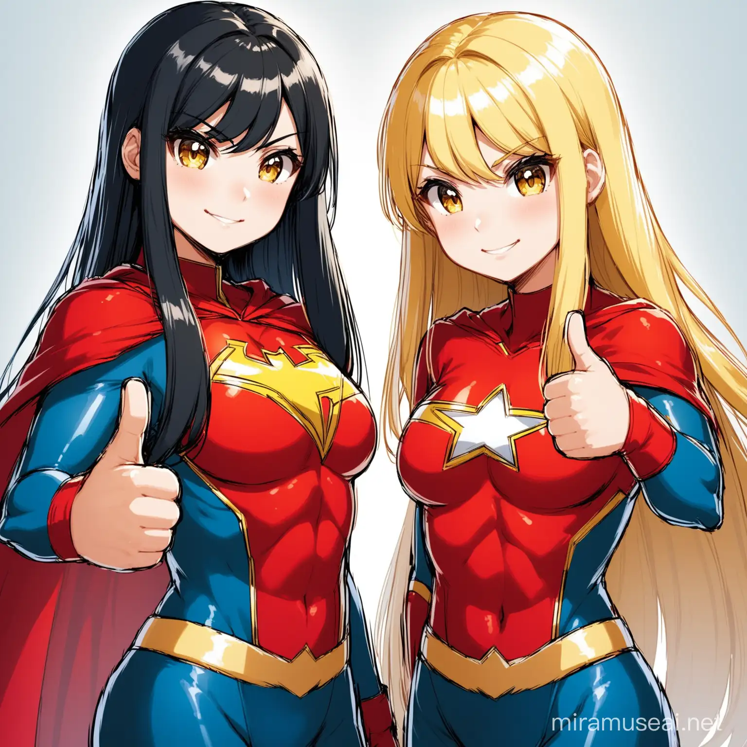two girls with them thumbs up and small boobs, one blonde and the other with black hair, both without fringe, both with long hair, both with straight hair, both wearing superhero clothe,
