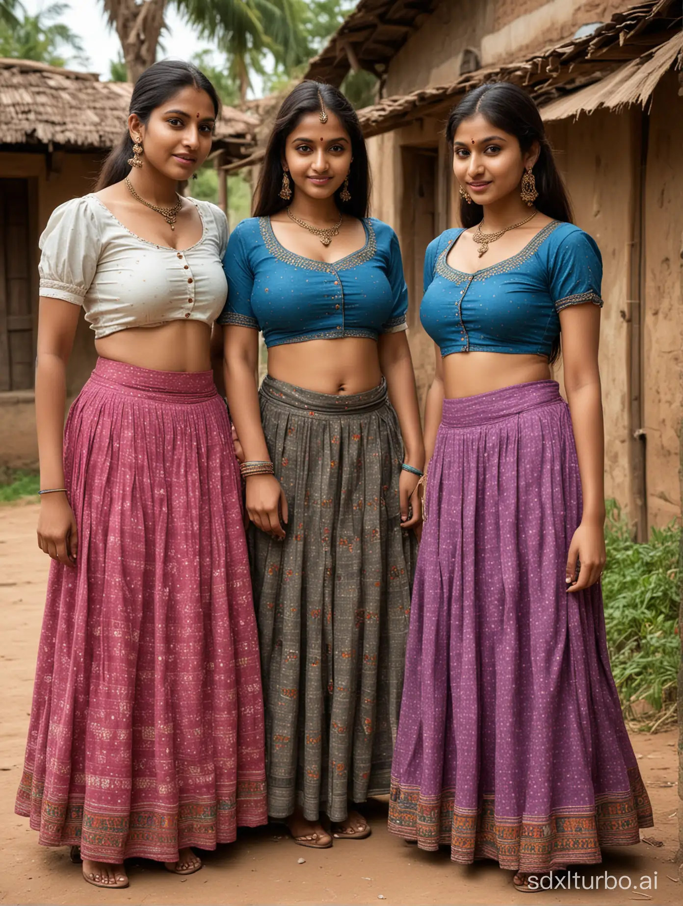 Indian 3 busty girls realistic photograph of three young rustic village belle dressed in an unhooked blouse and Indian skirt .