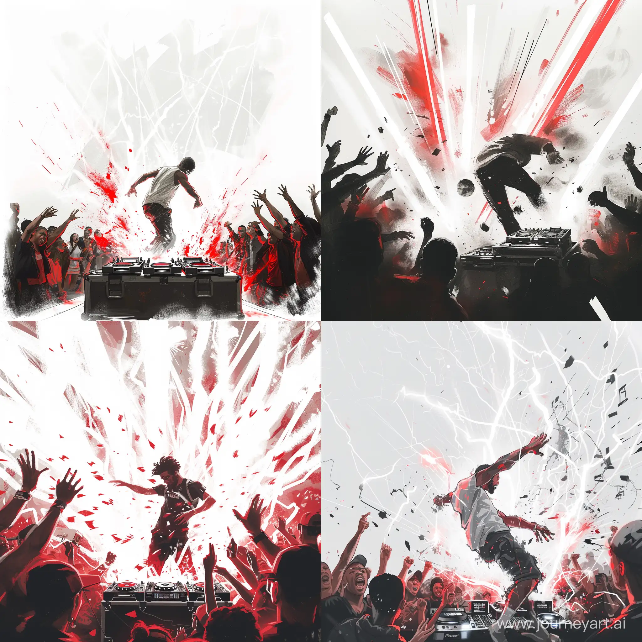 He makes an art based on a breaking dance battle, with a cheering audience, a DJ, and white and red effect lights. with a white background.