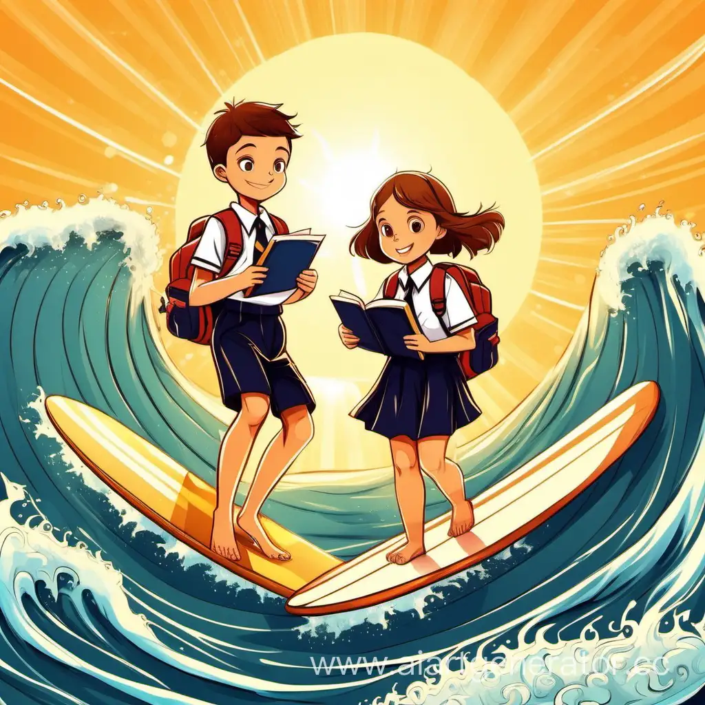 Мальчик и девочка в школьной форме с учебниками, рюкзаками, тетрадками катятся на серфе по волне на фоне солнца