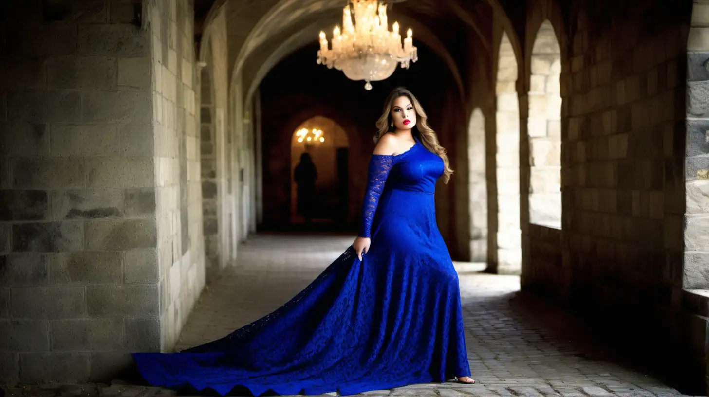 Stunning Plus Size Model in Royal Blue Lace Dress Winter Castle Photoshoot