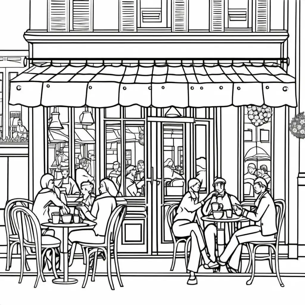 People enjoying coffee at a French café coloring page