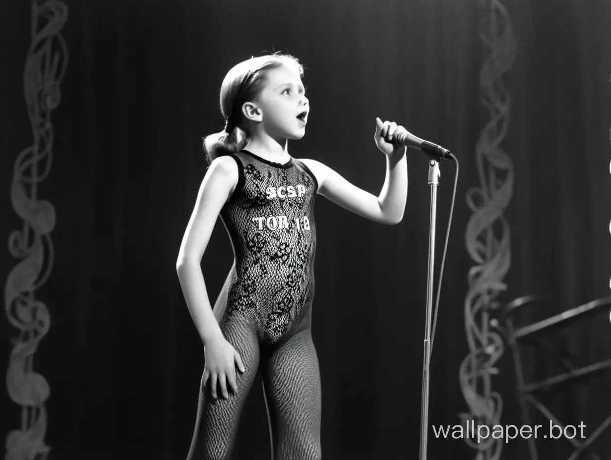 Soviet girl, 12 years old, in a bodystocking with the inscription USSR, sings on stage