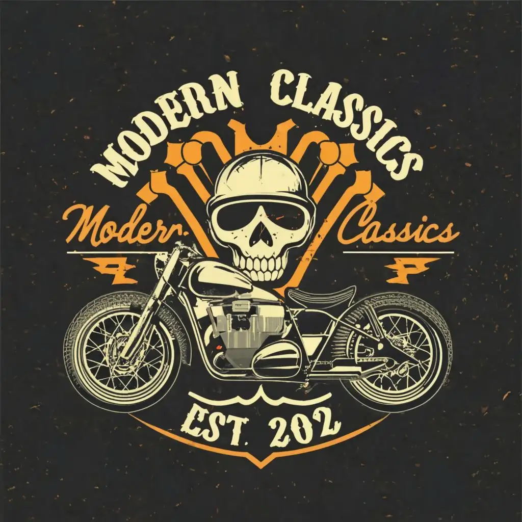 logo, Skull 
Motorcycles
Cafe racer
, with the text "Modern Classics 
M.C.
Est 2024
", typography, be used in Automotive industry