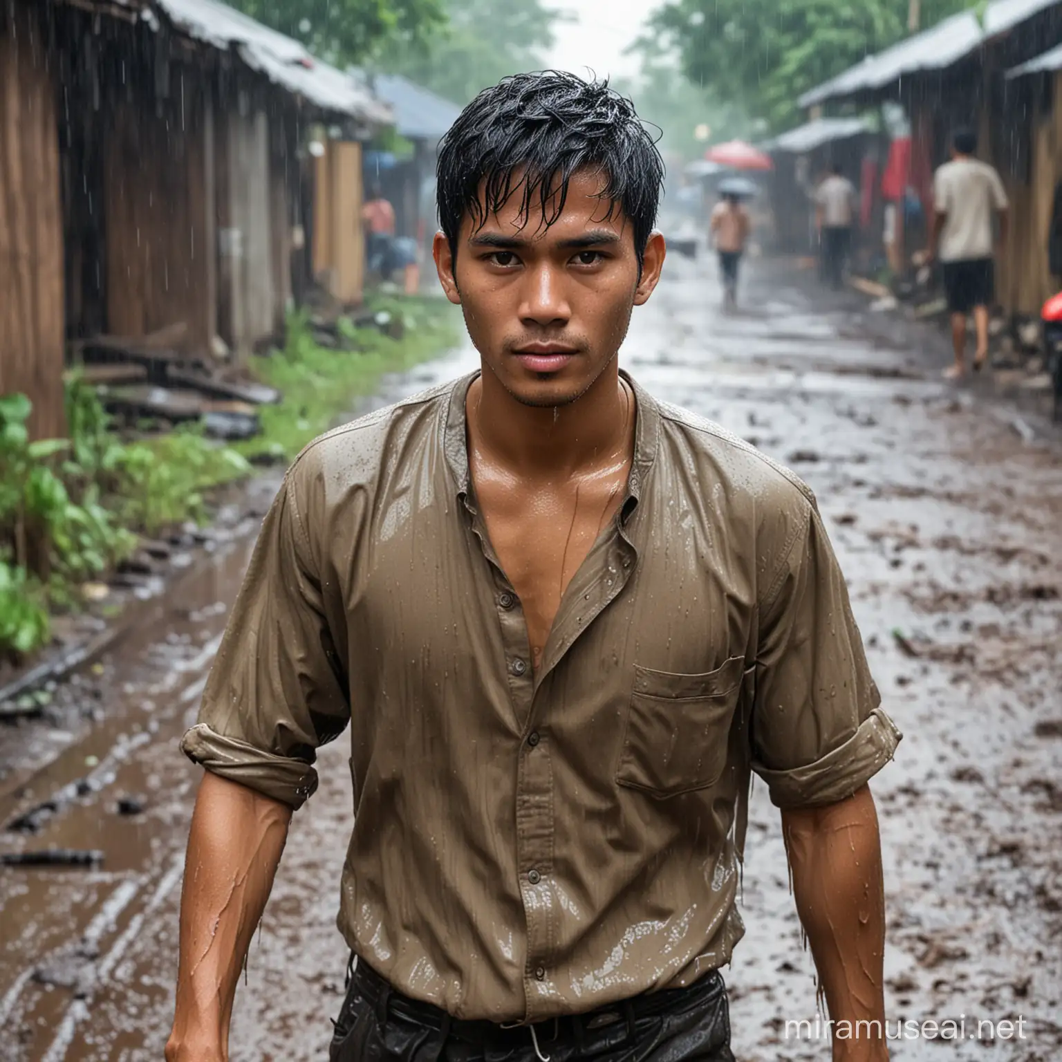 Indonesian Man Walking in Heavy Rain on Muddy Streets