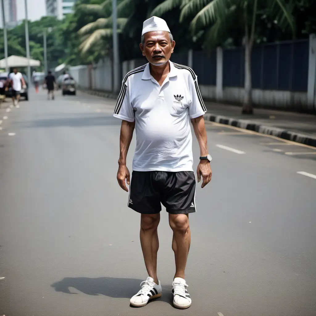 A Malay man in his 50s, with a slim build, not wearing a shirt, only a ragged cloth, wearing white adidas samba shoes,