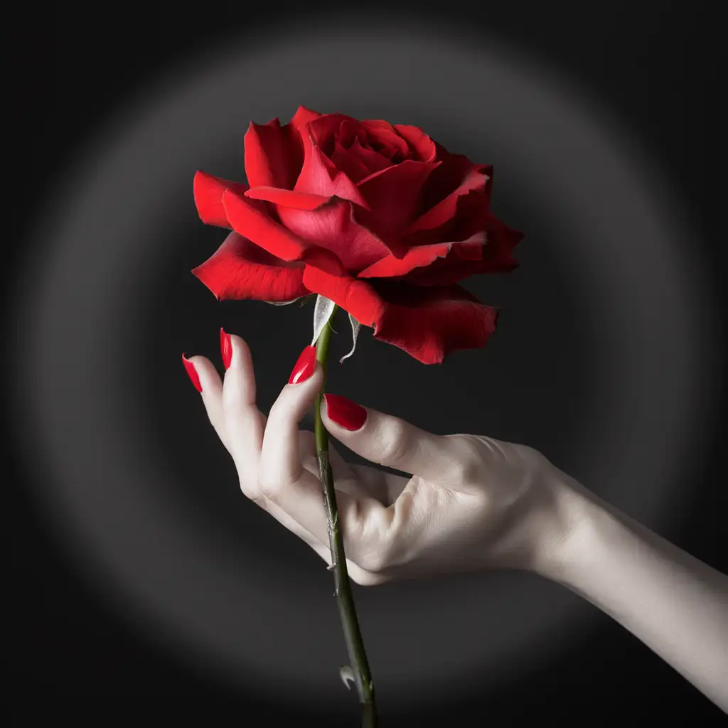 A beautiful female hand with red fingernails holding the stem of an outstandingly beautiful red rose, black and white photography, artistic and beautiful 